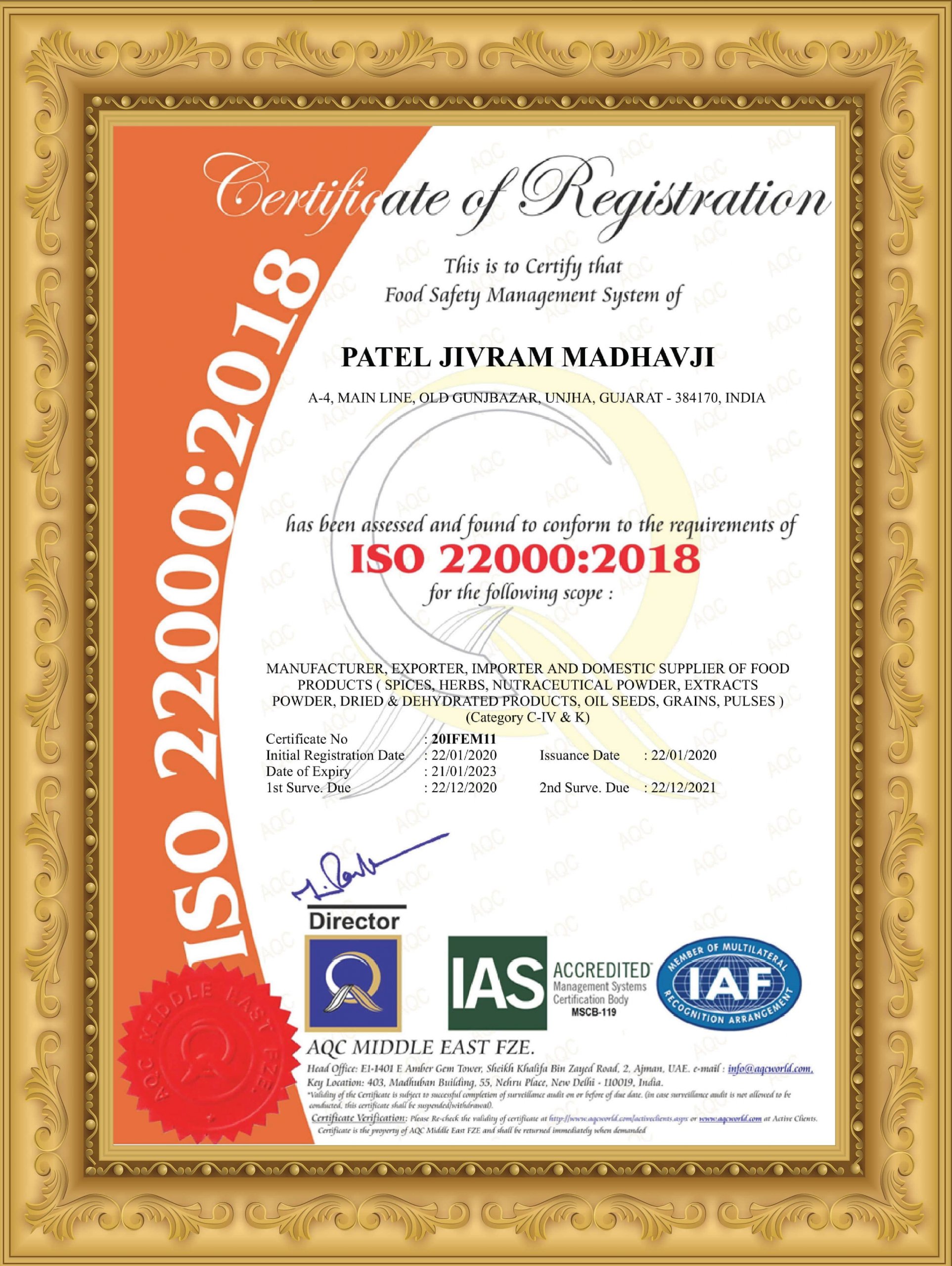 PATEL JIVRAM MADHAVJI IOS 22000 2018 Certificate Unjha