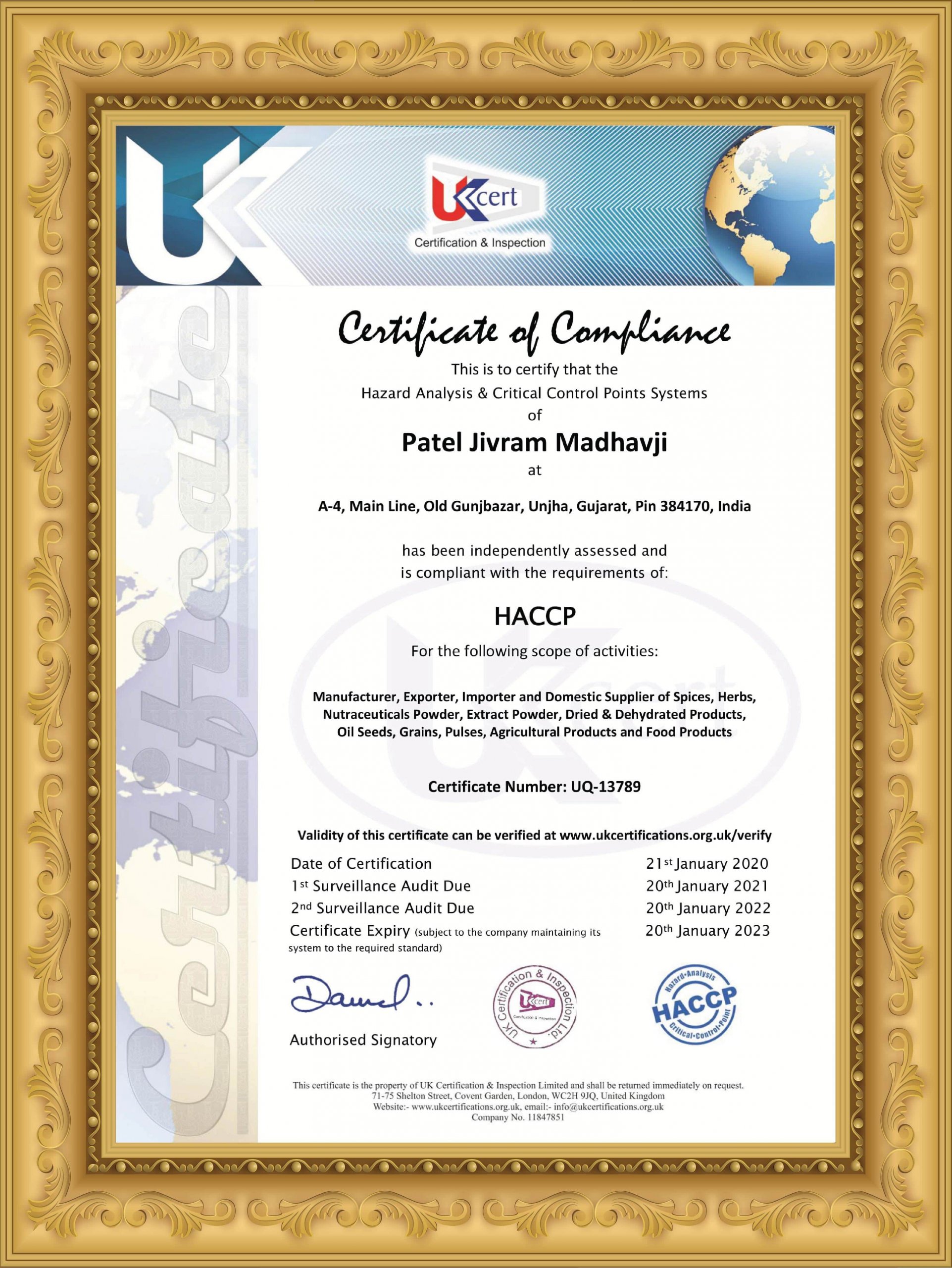 PJM HACCP Certificate PJM Unjha